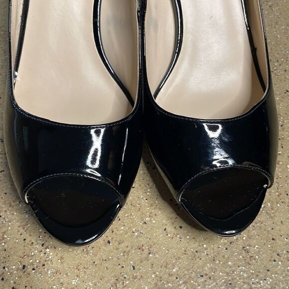 Nine West "Gilded" Black Patent Faux Leather Open Toe Platform Heels sz 8 - Picture 14 of 16
